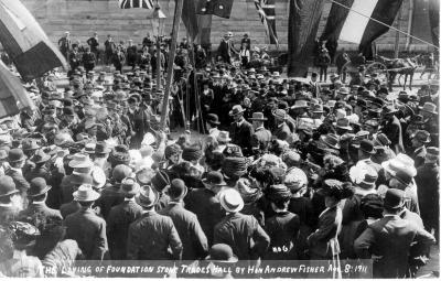 Prime Minister Andrew Fisher laying the foundation stone for the Perth Trades Hall, 8 August 1911.