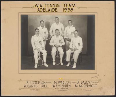 PHOTOGRAPH: W.A. TENNIS TEAM, STEPHEN, CAIRNS-HILL, WASLEY, STEPHEN, DAVEY , MCDERMOTT, ADELAIDE 1938