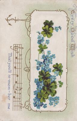 POSTCARD: FORGET-ME-NOT AND FOUR LEAVED CLOVER