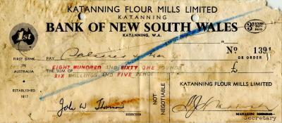 Katanning Flour Mill Bank of New South Wales Cheque