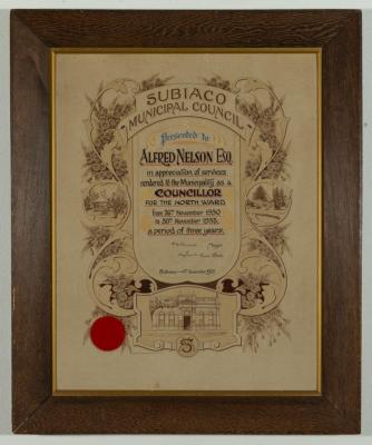 CERTIFICATE: SUBIACO MUNICIPAL COUNCIL, APPRECIATION, A. NELSON, 1933