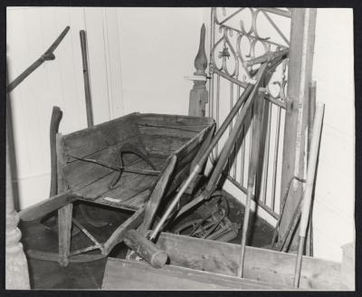 PHOTOGRAPH: MUSEUM DISPLAY,WOODEN WHEELBARROW; CROQUET SET; SICKLES