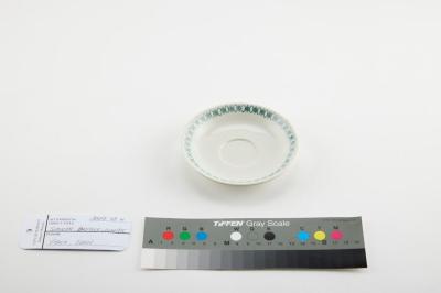 SAUCER: BRISTILE, WHITE WITH GREEN RIM