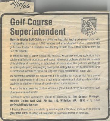 GOLF COURSE SUPERINTENDENT ADVERTISEMENT 2006 - NEWSPAPER ARTICLE