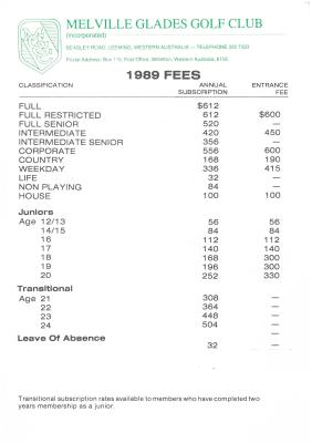 MELVILLE GLADES GOLF CLUB FEES 1989