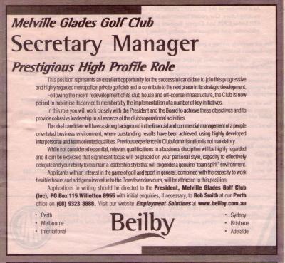 SECRETARY MANAGER ADVERTISEMENT 2001 - NEWSPAPER ARTICLE