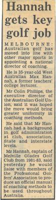 HANNAH GETS KEY GOLF JOB - NEWSPAPER ARTICLE