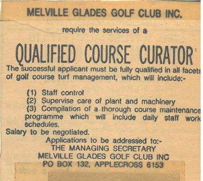 GOLF COURSE CURATOR ADVERTISEMENT - NEWSPAPER ARTICLE