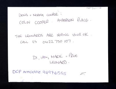 NOTE HANDWRITTEN FROM THE LEONARDS TO DENIS, NORMA & COLIN COOPER
