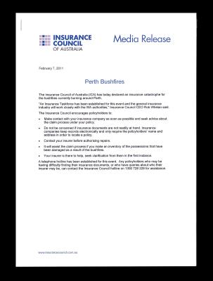 MEDIA RELEASE - INSURANCE COUNCIL OF AUSTRALIA & OTHER INFORMATION