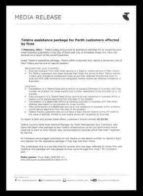 MEDIA RELEASE - TELSTRA ASSISTANCE PACKAGE FOR PERTH CUSTOMERS AFFECTED BY FIRES