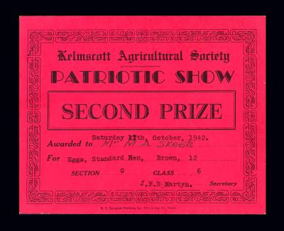 AWARD CERTIFICATE 2ND PRIZE KELMSCOTT AGRICULTURAL SHOW 1942