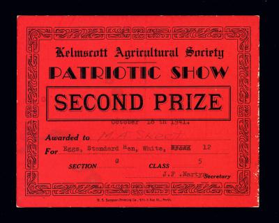 AWARD CERTIFICATE 2ND PRIZE KELMSCOTT AGRICULTURAL SHOW 1941