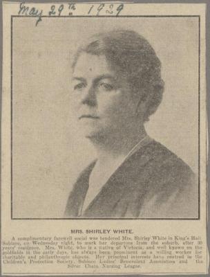 NEWSPAPER CLIPPING (DIGITAL COPY): MRS SHIRLEY WHITE, MAY 29TH 1929, WHITE FAMILY