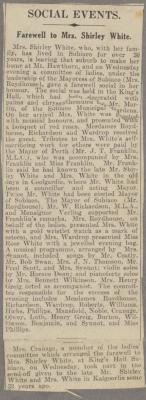 NEWSPAPER CLIPPING (DIGITAL COPY): SOCIAL EVENTS, FAREWELL TO MRS SHIRLEY WHITE, WHITE FAMILY