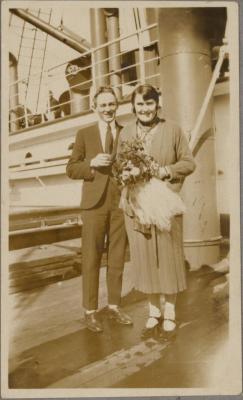 PHOTOGRAPH (DIGITAL COPY): R. MANSFIELD AND J LAWRENCE ON A BOAT, 1925, WHITE FAMILY