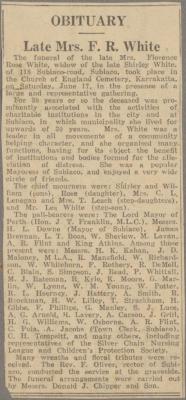 NEWSPAPER CLIPPING (DIGITAL COPY): 'OBITUARY', LATE MRS. F. R. WHITE, WHITE FAMILY