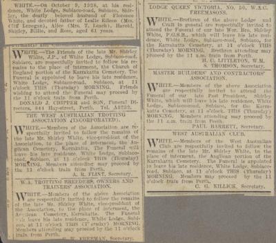 NEWSPAPER CLIPPING (DIGITAL COPY): SHIRLEY WHITE DEATH NOTICE AND FUNERARY INVITATIONS, WHITE FAMILY