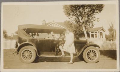 PHOTOGRAPH (DIGITAL COPY): TWO WOMEN AND DOG NEXT TO CAR, WHITE FAMILY