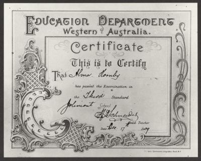 DOCUMENT (DIGITAL): ALMA HORNBY CERTIFICATE, JOLIMONT PRIMARY, 1909, FROM JOLIMONT HISTORICAL IMAGES ALBUM 3, DON GIMM