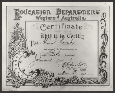 DOCUMENT (DIGITAL): ALMA HORNBY CERTIFICATE, JOLIMONT PRIMARY, 1910, FROM JOLIMONT HISTORICAL IMAGES ALBUM 3, DON GIMM