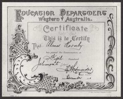 DOCUMENT (DIGITAL): ALMA HORNBY CERTIFICATE, JOLIMONT PRIMARY, 1911, FROM JOLIMONT HISTORICAL IMAGES ALBUM 3, DON GIMM