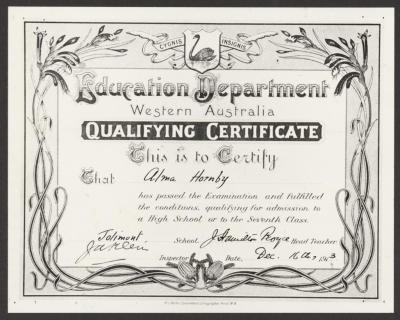 DOCUMENT (DIGITAL): ALMA HORNBY QUALIFYING CERTIFICATE, JOLIMONT PRIMARY, 1913, FROM JOLIMONT HISTORICAL IMAGES ALBUM 3, DON GIMM