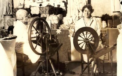 CWA of WA Members' spinning wool at Empire shopping week demonstration held at Boans Ltd.