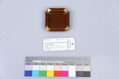 ASHTRAY - QE II ROYAL TOUR 1954, SQUARE BROWN CERAMIC, GOLD TRIM