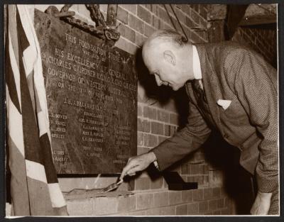 PHOTOGRAPH: SIR CHARLES GAIRDNER LAYING FOUNDATION STONE, CITY HALL