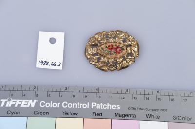 BROOCH: PETIT POINT TAPESTRY, GOLD METAL