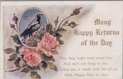 POSTCARD: 'MANY HAPPY RETURNS OF THE DAY', JIM AND LILLIAN DENNIS ANNIVERSARY COLLECTION