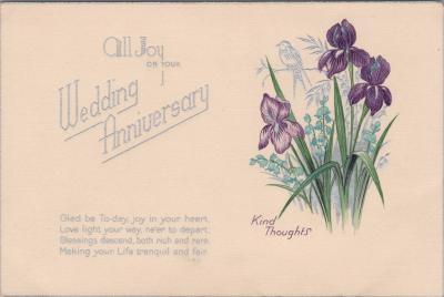 POSTCARD: 'ALL JOY ON YOUR WEDDING ANNIVERSARY', JIM AND LILLIAN DENNIS ANNIVERSARY COLLECTION