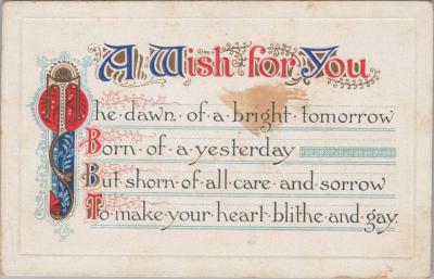 POSTCARD: 'A WISH FOR YOU', JIM AND LILLIAN DENNIS ANNIVERSARY COLLECTION