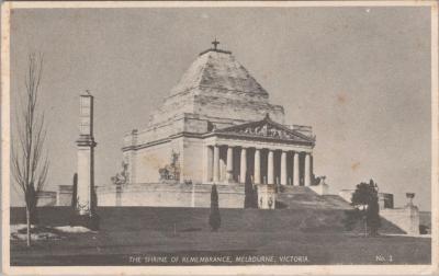 POSTCARD: 'THE SHRINE OF REMEMBRANCE, MELBOURNE VICTORIA', JIM AND LILLIAN DENNIS CHRISTMAS COLLECTION