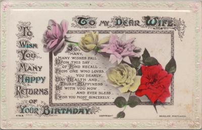 POSTCARD: 'TO MY DEAR WIFE', JIM AND LILLIAN DENNIS COLLECTION