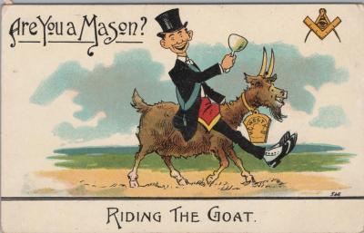 POSTCARD: 'ARE YOU A AMASON? RIDING THE GOAT', JIM AND LILLIAN DENNIS COLLECTION