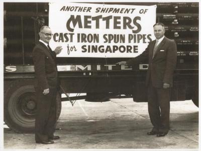 PHOTOGRAPH (COPY): SHIPMENT OF METTERS' CAST-IRON PIPES DESTINED FOR SINGAPORE - WALLY HUGHES, GENERAL MANAGER