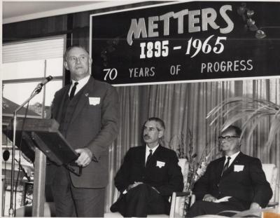 PHOTOGRAPH: PREMIER BRAND DELIVERING SPEECH, 70TH ANNIVERSARY OF METTERS LTD, 1965