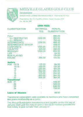 MELVILLE GLADES GOLF CLUB FEES 1994