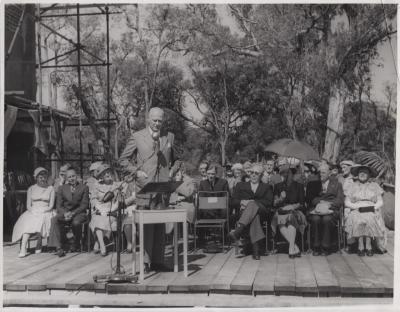 PHOTOGRAPH: SIR CHARLES GAIRDNER SPEAKING AT FOUNDATION STONE CEREMONY FOR CITY HALL