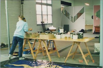 PHOTOGRAPH: SHANE PICKETT BANNER PAINTING STUDIO FOR ROKEBY ROAD 1996