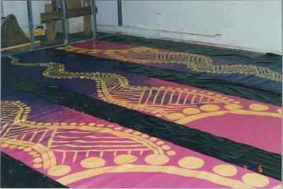 PHOTOGRAPH: SHANE PICKETT BANNER PAINTING STUDIO FOR ROKEBY ROAD 1996