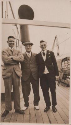 PHOTOGRAPH: PADDY BAKER AND TWO MEN ON BOARD A SHIP, CIRCA 1930