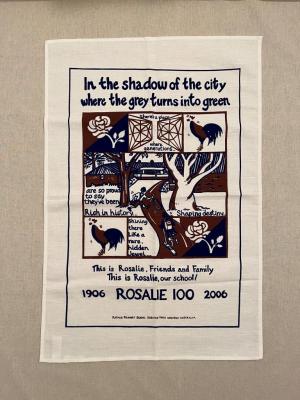 TEA TOWEL: ROSALIE PRIMARY SCHOOL 100 YEARS, BROWN AND BLUE PRINT