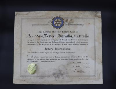 CERTIFICATE, MEMBERSHIP - ARMADALE ROTARY CLUB TO ROTARY INTERNATIONAL