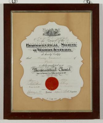 CERTIFICATE (FRAMED): PRESENTED TO HARRY SANDERCOCK BY PHARMACEUTICAL SOCIETY OF WA