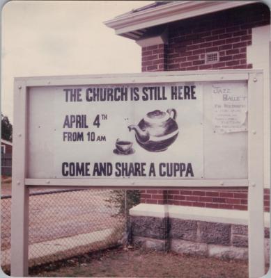 PHOTOGRAPH: CHURCH SIGN, FROM THE ALBUM OF DERBY ROAD CHURCH SESQUICENTENARY 1829-1979