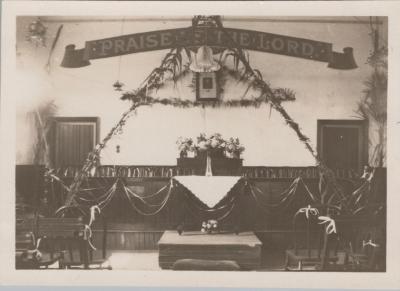 PHOTOGRAPH: DECORATIONS FOR WEDDING IN THE OLD CHURCH 1932, FROM ALBUM OF PHOTOGRAPHS METHODIST CHURCH DERBY ROAD
