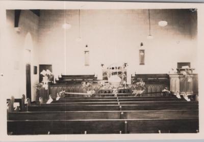 PHOTOGRAPH: INTERIOR WEDDING DECORATIONS 1940, FROM ALBUM OF PHOTOGRAPHS METHODIST CHURCH DERBY ROAD